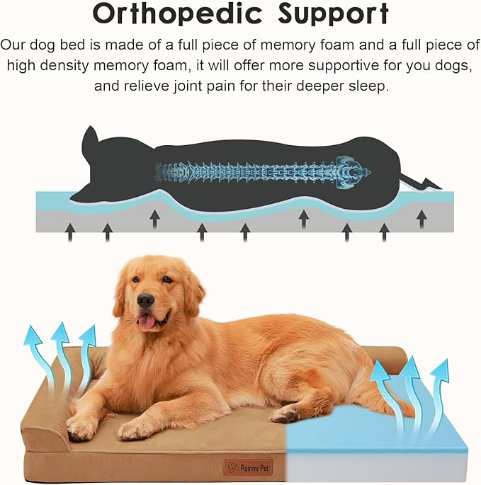 Orthopedic Dog Bed for Large Dogs, 44"x32"x6" Memory Foam Pet Bed with Washable Microsuede Cover, TPU Waterproof Liner & Nonskid Bottom, for Indoor, Outdoor, Crate ＆ Car Use, Khaki