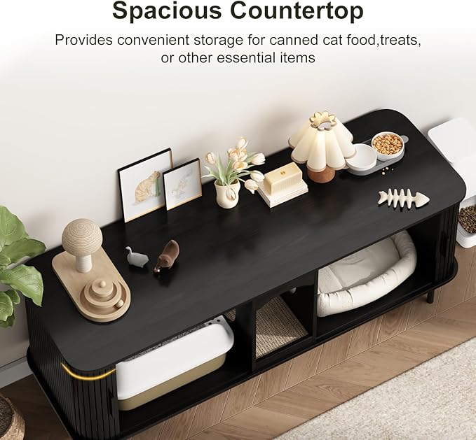 Double Cat Litter Box Enclosure Furniture, 59" Large Hidden Litter Box Furniture with Scratching Pad, Wood Pet House for 2 Cats, Indoor Modern Cabinet TV Stand for Living Room, Black