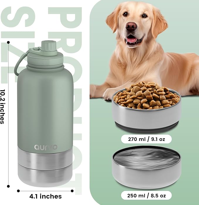 32oz Dog Water Bottle with Bowls - Leakproof Insulated Stainless Steel, Portable Travel Bottle for Hiking, Camping, Outdoor Use (Muted Olive, 32oz)