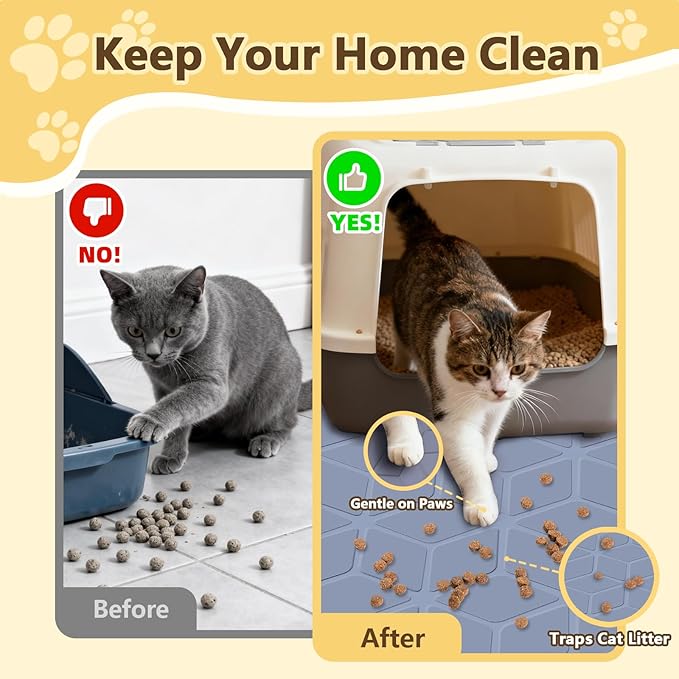 Cat Litter Mat Extra Large 31"x22" Silicone Waterproof Litter Trapping Mat for Litter Box, Non-Slip Urine-Proof Kitty Litter Box Mat with Deep Grooves, Easy Clean Scatter Control Pet Mat (Gray)
