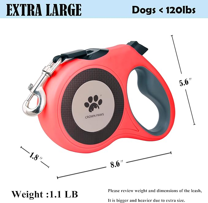 16 ft Retractable Dog Leash for Extra Large Dogs up to 130 lbs,Tangle-Free Nylon Tape,Red Dan24 XL