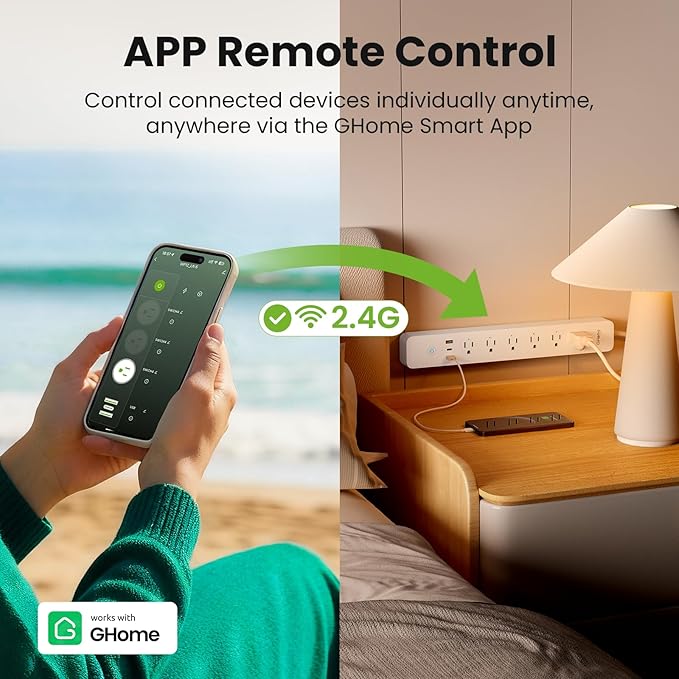 GHome Smart Power Strip 15A, 2.4G WiFi Smart plugs that work with Alexa & Google Home, Surge Protector Flat Plug with 6 APP Control WiFi outlets, FCC Listed, 7.18 ft flat extension cord, No Hub Needed