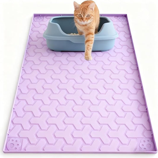 Silicone Cat Litter Mat for Litter Box - 34" X 22"/24" X 15" Waterproof Urine - Proof Mat, Non - Slip Trapping Pad to Keep Floor Clean, Easy to Clean Cat Floor Mat（light purple）