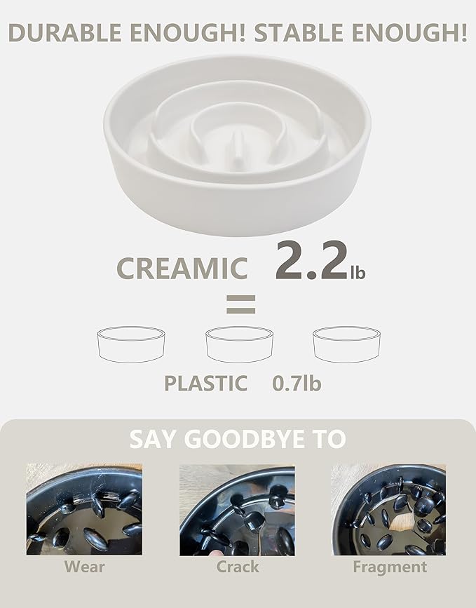 Ceramic Slow Feeder Dog Bowls Elevated, 2.0 Cups Slow Feeder for Medium and Large Dogs, Puzzle Maze Bowl to Slow Down Eating, 30oz, 8in, White