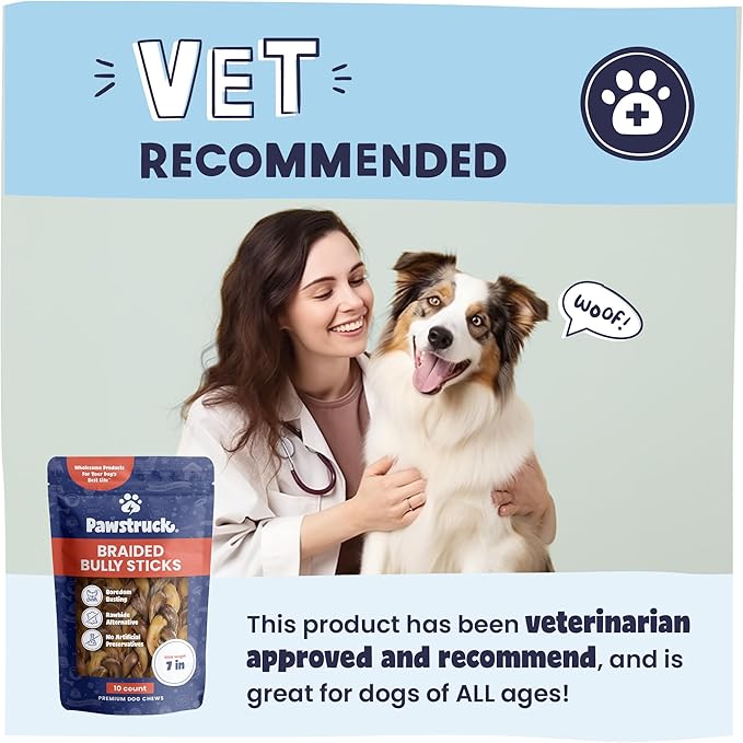 Pawstruck Natural 7” Braided Bully Sticks for Dogs, Tough Long-Lasting, Rawhide-Free, Low Odor, Healthy Single Ingredient Chew Treat for Aggressive Chewers, 10 Count, Packaging May Vary