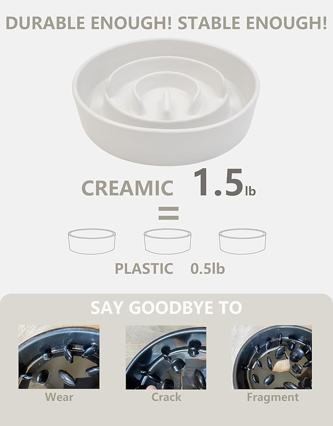 Ceramic Slow Feeder Dog Bowls, 0.6 Cup Slow Feeder for Small Dogs and Cats, Puzzle Maze Bowl, Prevents Choking, 6in, White