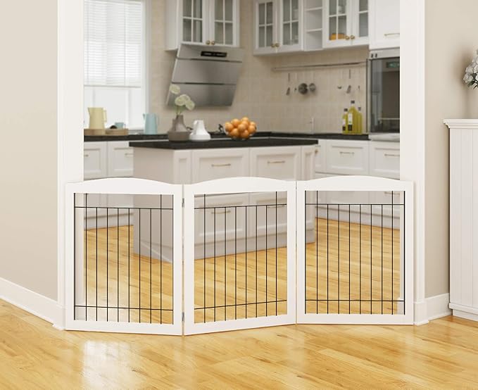 PAWLAND Extra Wide Dog gate for The House, Doorway, Stairs, Freestanding Foldable Wire Pet Gate, Pet Puppy Safety Fence, 30" Height (White, 3 Panels)