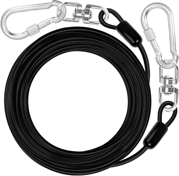 jenico Dog Tie Out Cable: 20ft Dog Lead for Yard - Heavy Duty Chain Leash Outside for Small Large Dogs Up to 500 lbs - Outdoor Runner Tether (Black)