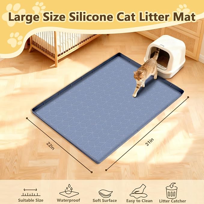 Cat Litter Mat Extra Large 31"x22" Silicone Waterproof Litter Trapping Mat for Litter Box, Non-Slip Urine-Proof Kitty Litter Box Mat with Deep Grooves, Easy Clean Scatter Control Pet Mat (Gray)