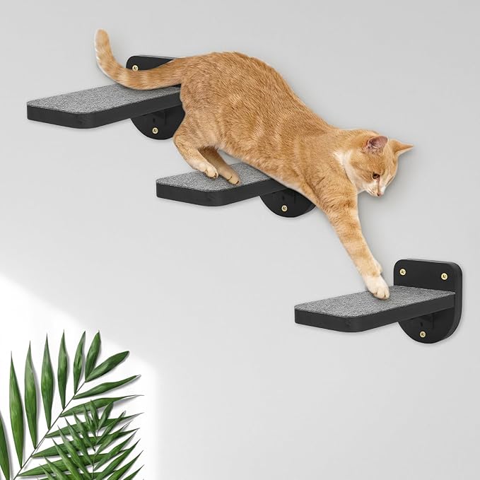 ESPETS Set of 3 Black Natural Sturdy Wood Cat Wall Floating Steps - Wall Mounted Cat Climbing Shelves and Perches, Kitty Stairs Climber Ladder for Wall - Holds up 35lbs