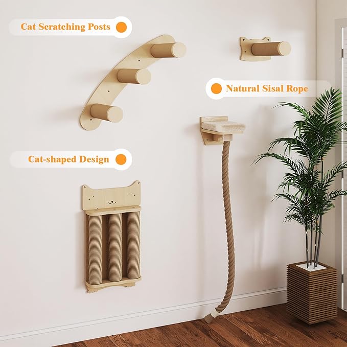 BYBYME Cat Climbing Wall Set Made of Natural Wood, 8 Pcs Sturdy Furniture with Scratching Posts, Kitten Platform, 100CM Sisal Rope and Cat Bed for Cats Sleeping, Playing, and Lounging（Natural Wood）