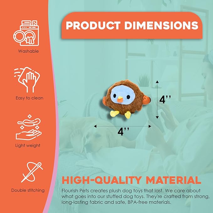 Flourish Pets 2 in 1 Multi-Layer Chew Toy for Active Dogs | Non-Toxic BPA Free Double Stitched Soft Fabric Exterior Dog Toys | Long-Lasting Dog Plush Toys –Turkey (4”)