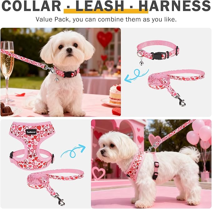 SCENEREAL Valentine's Day No Pull Dog Harness Collar Leash Set for Small Sized Dogs, Soft Mesh Step in Plaid Harnesses for Fall Winter, Adjustable Pet Vest for Outdoor Walking Training and Running, S