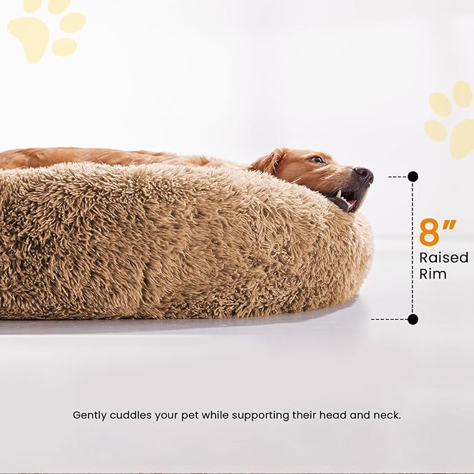 Calming Dog Beds for Large Dogs, Faux Fur Donut Cuddler Dog Bed, Round Fluffy Pillow, Washable Pet Bed for Dogs Up to 80Lbs, 36inch