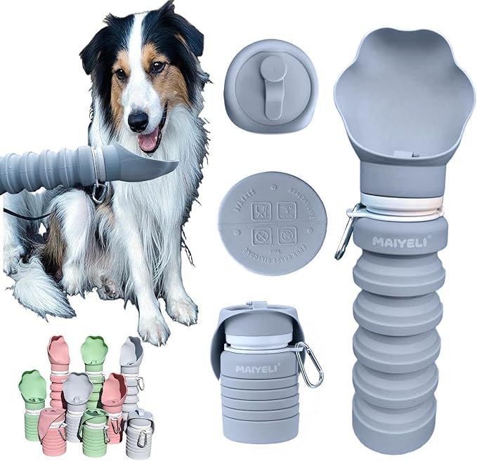 Dog Water Bottle Collapsible & Portable Squeeze, 9oz-17oz Water Dispenser & Folding Bowl,5 Levels Capacity in 1,Carabiner Clip,100% Food-Grade Silicone, Outdoor Walking,Hiking,Travel