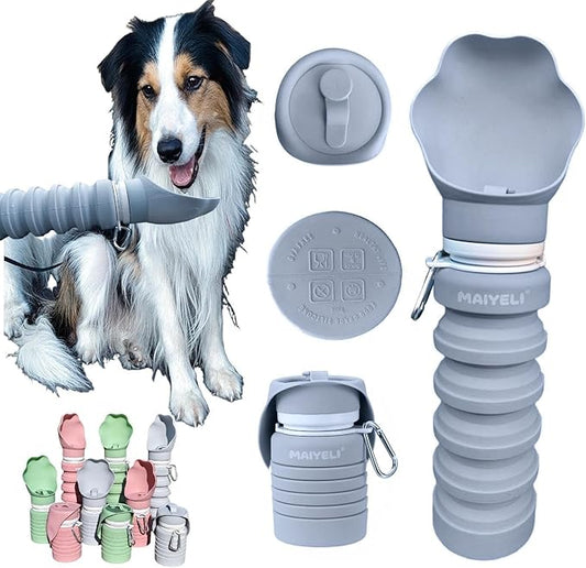 Dog Water Bottle Collapsible & Portable Squeeze, 9oz-17oz Water Dispenser & Folding Bowl,5 Levels Capacity in 1,Carabiner Clip,100% Food-Grade Silicone, Outdoor Walking,Hiking,Travel