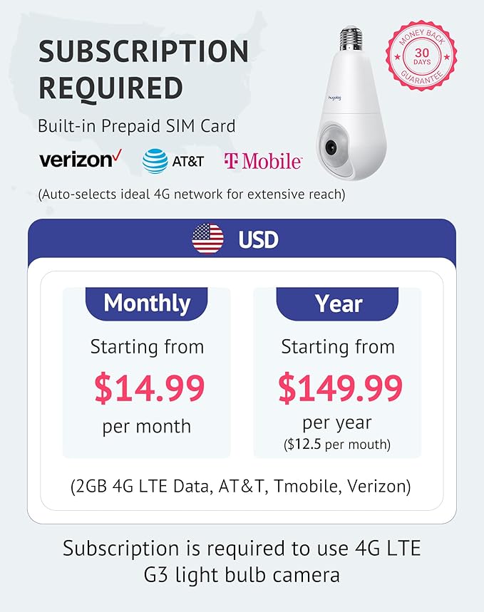 Hugolog 4G LTE Cellular Light Bulb Security Camera,360°2K Security Cameras Wireless Outdoor Indoor 4MP Full Color Day and Night,Motion Detection, Audible Alarm,Easy Installation,Compatible with Alexa