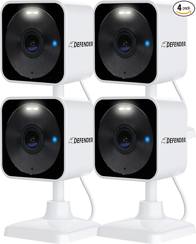 Defender GO 2K AI Powered Plug-in Indoor/Outdoor Home Business, Pet, Baby Camera, AI Detection, Dual Band Connection, Spotlight/Siren, Color Night Vision, 2-Way Talk, Works w/ClearVu App, 4 Pack
