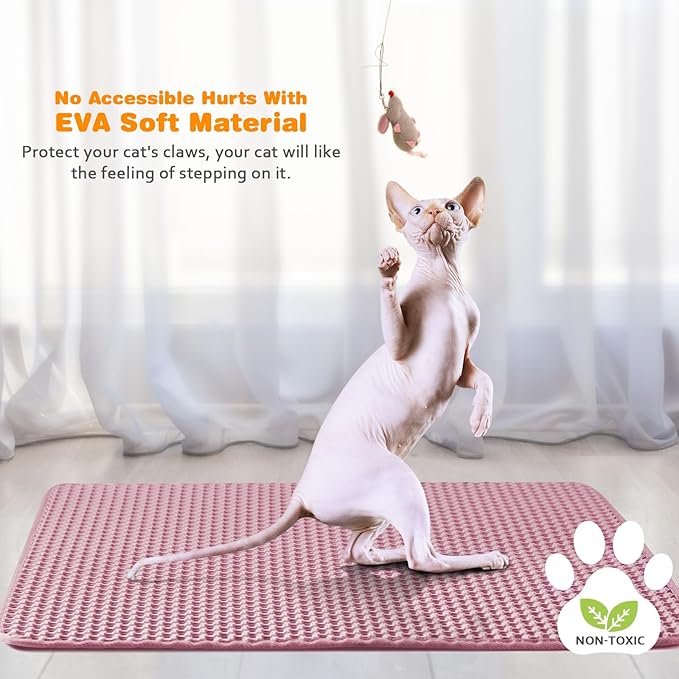 Waterproof Cat Litter Mat, Double Layer EVA, Odor-Free Large Grid, Urine Proof, Easy Cleanup (Pink, 27 x 46)