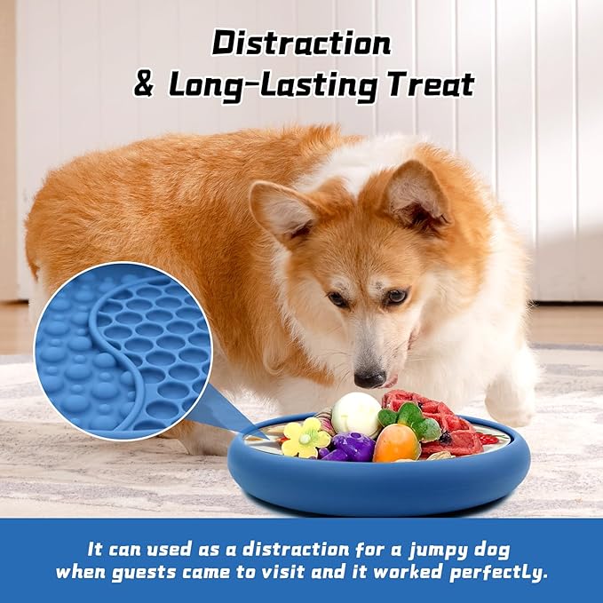 Dog Lick Bowl, Non-Slip Dog Slow Feeder Licking Mat Treat Dispenser, Interactive and Enrichment Toys, Boredom & Anxiety Reducer, BPA Free Silicone (Dark Blue, Large)