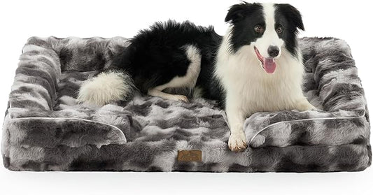 Orthopedic Dog Bed for Large Size Dog, Soft Warm Faux Fur Extra Large Sofa for Pet Up to 100 lbs, Foam Bolster Anti-Slip Couch with Washable Removable Cover, XL 44x32x7 inch, Tie Dye Grey