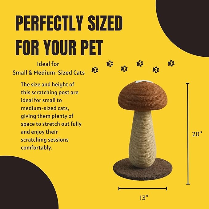 Shiitake Mushroom Cat Scratching Post – 100% Sisal Scratch Pole with Pompom Toy, Cute Shiitake Design for Indoor Cats, Durable Cat Scratcher Furniture