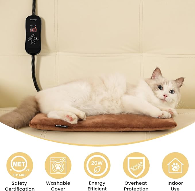Cat Heating Pad, Heated Cat Bed with 5 Heat Levels, Timer & Auto Shut-Off, Waterproof Warmer with Thick Fleece Cover, Chew-Resistant Cord, for Indoor & Sheltered Outdoor Use, 16" x 13"