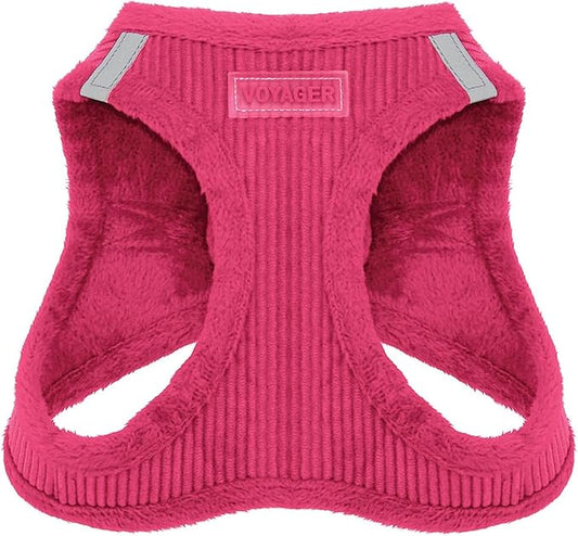 Best Pet Supplies - All Weather Mesh/Plush, Reflective, No Pull Harness for Small, Medium Dogs, Cats - Secure with Hook & Loop Fastener, Buckle, Double D-Rings - Fuchsia Corduroy, L