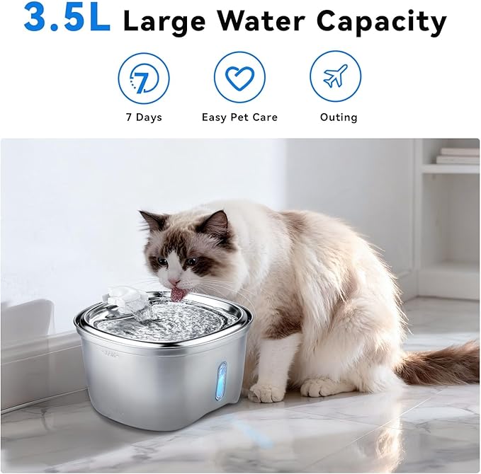 Cat Water Fountain Stainless Steel, 120oz/3.5l Water Fountains for Cats Indoor, Automatic Silent Pump, Easy Clean Water Bowl, with Replacement Filters, Unique Cat-Shaped Design