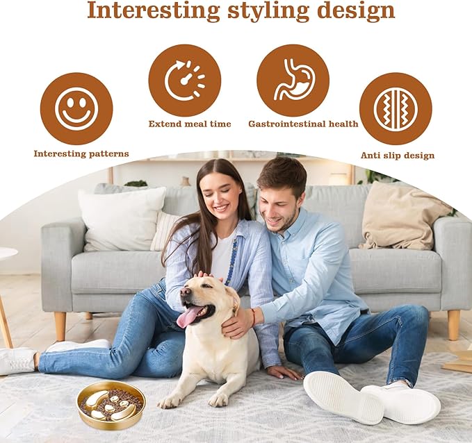 Golden Stainless Steel Slow Feeder Dog Bowls – Non-Slip Metal Dog Bowl for Large & Medium Breeds, Puppy Puzzle Feeder – 2 Cup Capacity for Small to Big Pets – Durable Slow Feed Dog & Cat Food Dish