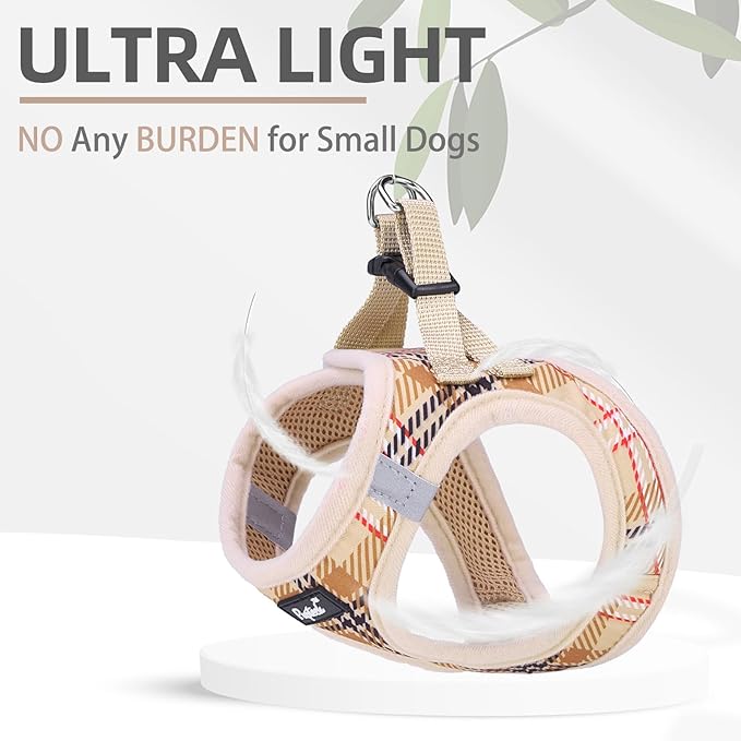 PUPTECK Dog Harness and Leash Set for Small Medium Dogs No Pull Step-in Soft Mesh Puppy Cat Vest Harnesses Reflective at Night, Plaid Pattern Beige XS