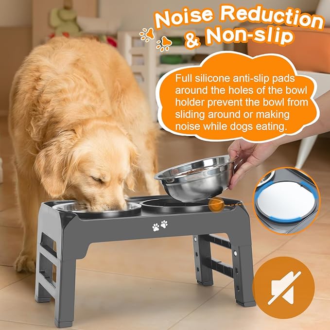 Elevated Bowls, 4 Height Adjustable Raised Stand With 2 Thick 50oz Stainless Steel Food Bowls, Non-Slip Feeder for Large Medium Dogs, Adjusts to 3.7", 9.2", 10.75", 12.36" Grey