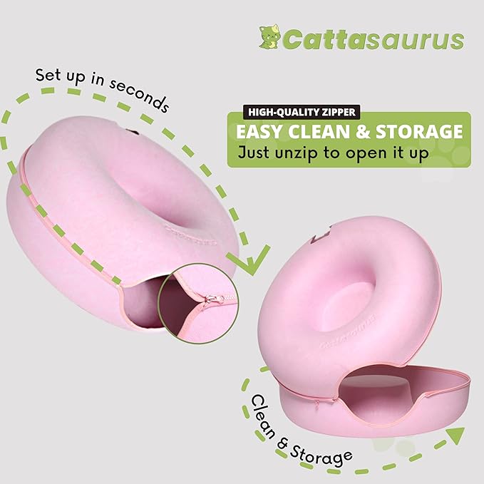 Cattasaurus Peekaboo Cat Cave Donut for Multiple & Large Cats up to 30-45 lbs, 3-in-1 Self Warming Cat Bed, Tunnel & Scratcher for Indoor Cats, Washable & Detachable Small Dog Bed (Pink, Large)