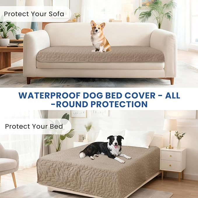 Waterproof Dog Bed Cover, Non-Slip Dog Blanket for Couch, Sofa Covers Washable, Waterproof Blanket for Furniture, Pet Bed Mat for Sofa, Car, Pet-Friendly Couch Covers (40x50 Inch, Khaki)