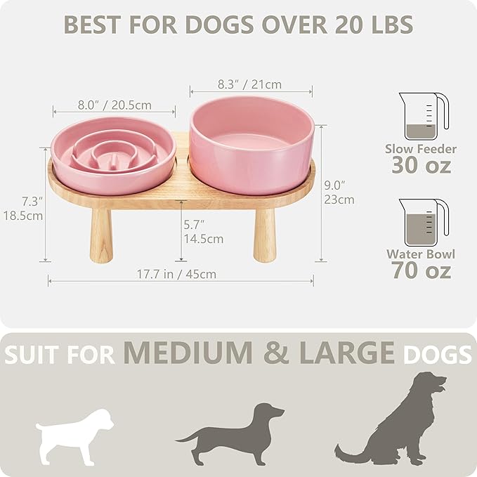Ceramic Slow Feeder and Water Bowl Set for Medium and Large Dogs, 8.0inch Ceramic Dog Bowls Elevated with Wooden Stand, 2.0 Cups Dog Slow Feeder(30oz) and 70oz Water Bowl Set, Pink