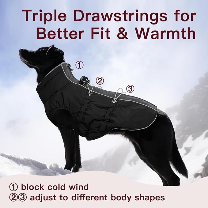 Dog Winter Jacket - XX Large, Warm Zip Up Snowsuit Dog Harness Vest, Reflective, Water-Resistant, Black