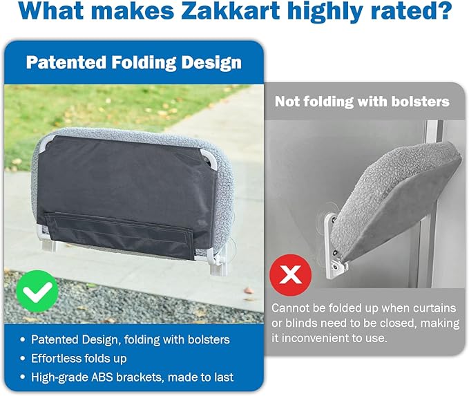 Zakkart Foldable Cat Hammock for Window - Cordless, Embeded Machine Washable Bed, Robust Metal Frame - Cat Window Perch for Large Cats and Kittens (White Bolster Bed, Medium)