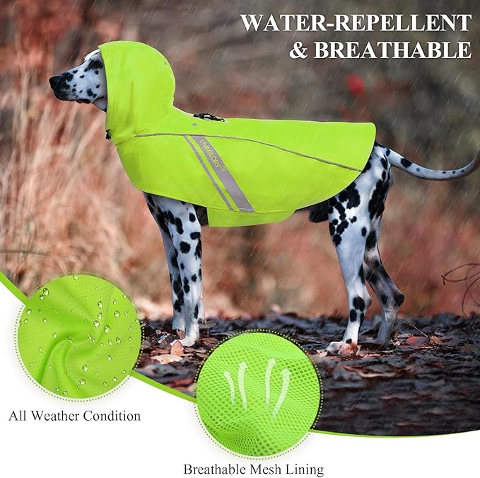 VIVAGLORY Wetoff Dog Raincoat, Rain Coat for Dog All Seasons Adventure, Rain Jacket with Harness Hole & Hood, Reflective Lightweight Waterproof for Doggy & Puppy, XL, Bright Yellow