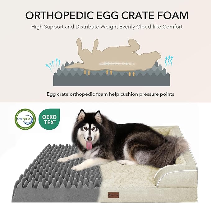 Orthopedic XL Dog Beds, Waterproof Memory Foam Big Pet Bed for Extra Large Sized Dogs 45x35Inch, Non-Slip Bottom and Egg-Crate Foam Dog Couch Bed with Washable Removable Cover, Beige