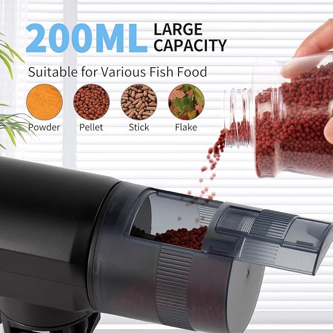 Automatic Fish Feeder Dispenser for Aquarium: Rechargeable Auto Feeders for Tank Turtle Pond Betta - 200ml Smart Food Feeding Timer Dispensers for Flake Pellet Vacation Weekend
