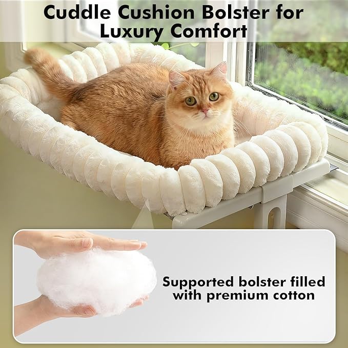 Cloud-Cuddle Cat Window Perch with 4-Sided Bolster, Zipper Design Cushion Window Seat for Window Sill, Sturdy Metal Frame & Easy Assembly Pet Hammock Bed for Indoor Cats (White, Medium)