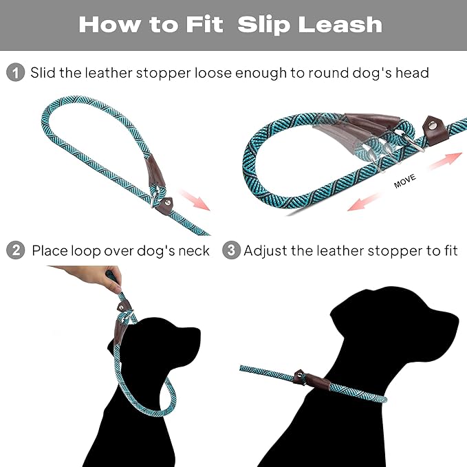 TwoEar Slip Leads for Dogs, 1/2" x 6FT Slip Leash for Large Dogs with Highly Reflective Threads, Comfortable Strong Rope Slip Leads, No Pull Pet Training Leash, Blue