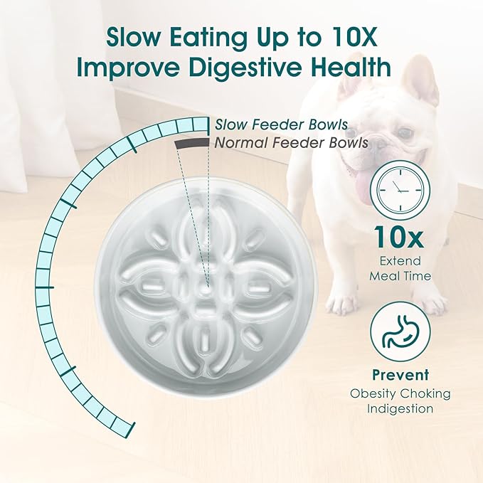 vancasso Ceramic Slow Feeder Dog Bowls, Puzzle Dog Food Bowls with Floral Maze, Anti -Slip Pet Food Dish for Small Breed, 0.6 Cups, Grayish Cyan