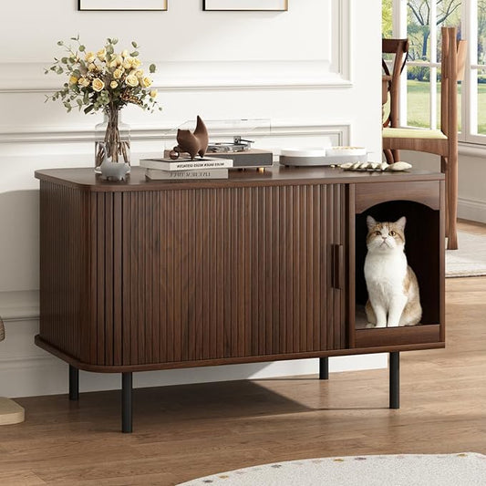 Cat Litter Box Enclosure Furniture, Hidden Litter Box Cabinet with Scratching Pad, Large Fluted Wood Cat House Indoor Modern Side End Table Litterbox Furniture for Living Room, Entryway, Walnut