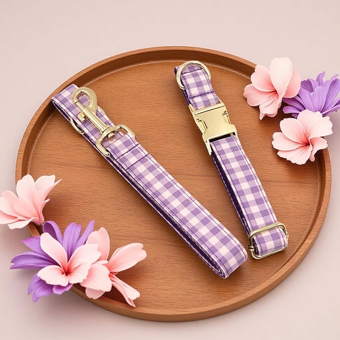 PETDURO Personalized Dog Collar Purple Gingham Plaid for Large Medium Dogs | Engraved Name and Phone Number on Gold Metal Buckle for Girls | Add Leash & Bow Tie via Customize Now