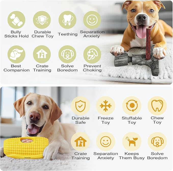 Ansoniser 2-in-1 Durable Dog Toy Bundle，Bully Stick Holder & Frozen Treat Slow Feeder for Aggressive Chewers, Food-Safe Interactive Toys to Relieve Boredom, Best Gift for Small to Large Dogs