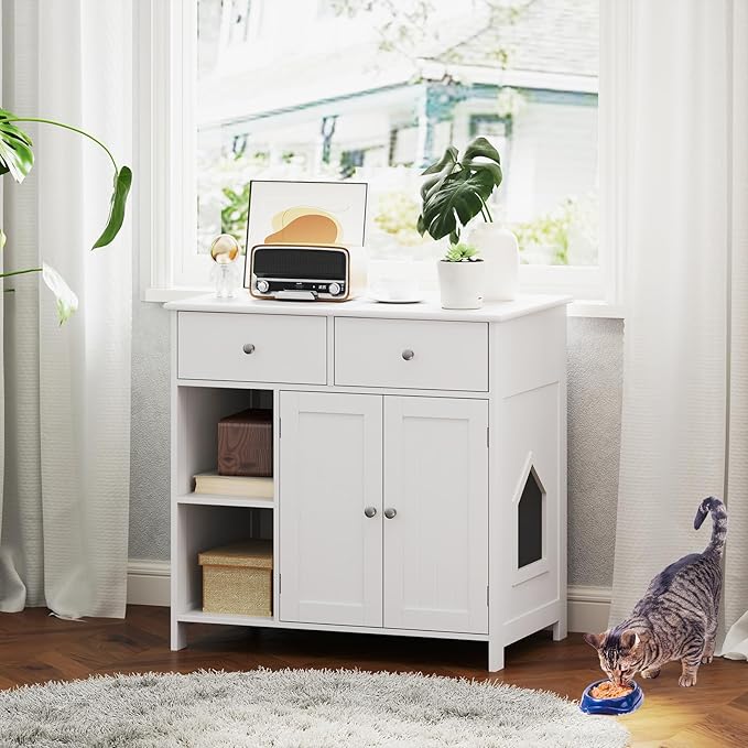Tangkula Litter Box Enclosure, 31.5 Inch Enclosed Cat Box Cabinet with 2 Storage Drawers, Double Doors & 2 Open Shelves, Hidden Cat Washroom, Modern Cat Litter Box Furniture for Indoor Cats