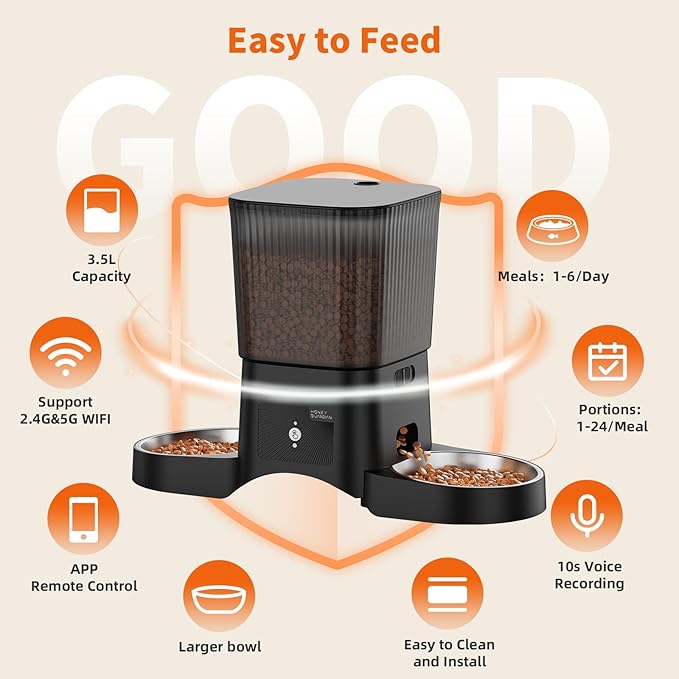 HoneyGuaridan Automatic Cat Feeder with 2.4G/5G WiFi,3.5L Cat Food Dispenser with APP Control – Includes 2 Stainless Steel Bowls & 2 Slow Feeder Anti-Choking Bowls, Four Anti-Slip Feet Black