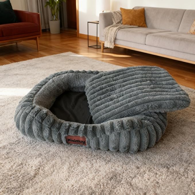 Cute Dog Bed for Small & Medium Dogs - Calming Orthopedic Rectangle Dog Bed with Reversible Cushion and Removable Cover, Washable Soft Pet Kennel Bed with Handle, 30x24x4Inches, Warm Grey