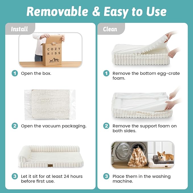 Cute Dog Bed, Faux Rabbit Fur Orthopedic Foam Dog Bed with Sides, Removable Washable Cover & Waterproof Lining, Comfortable Pet Couch for Medium Dogs, Cream (36" L x 27" W x 6.5" Th)